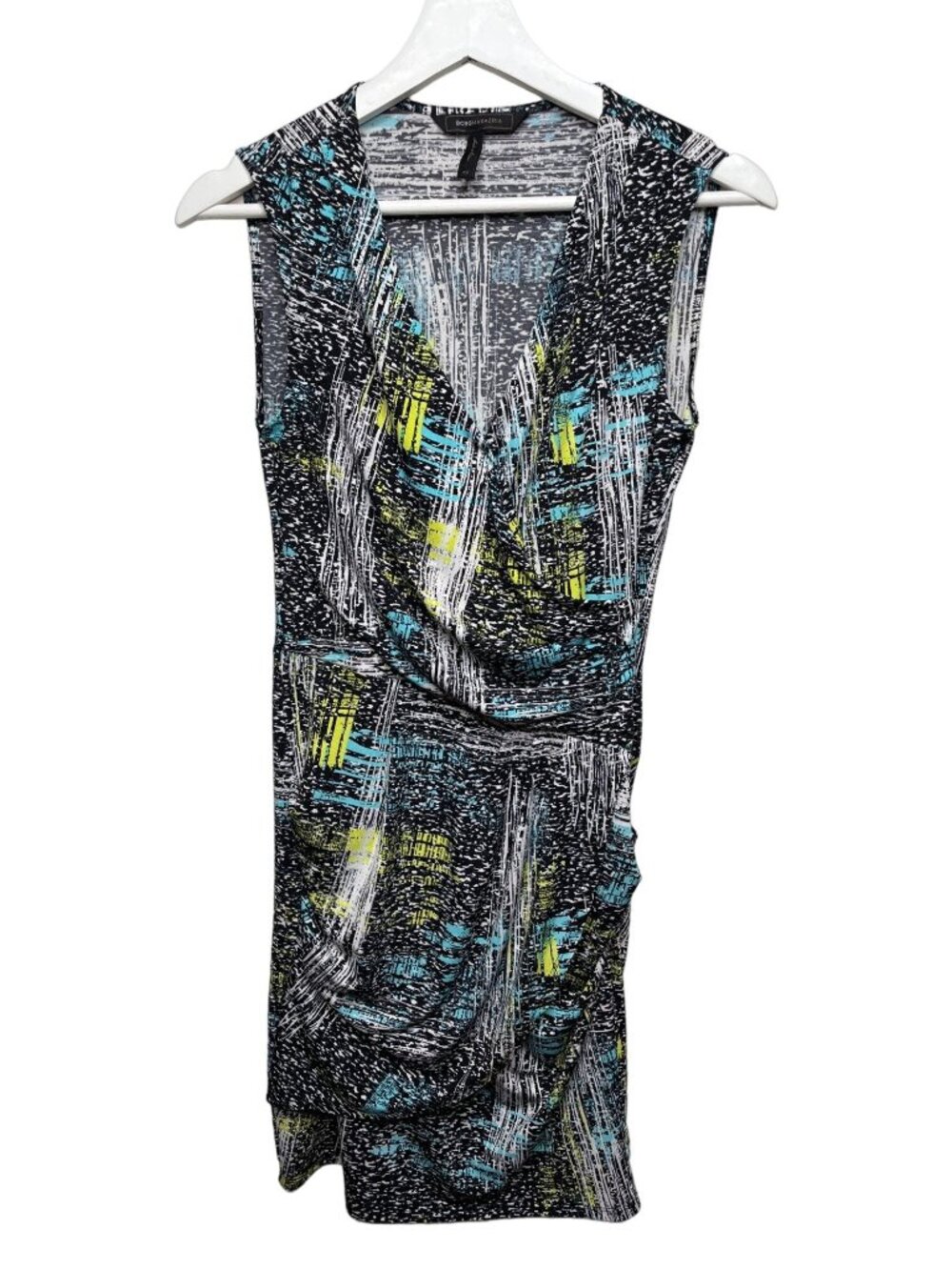 BCBGMAXAZRIA Womens XS Black Abstract Print Ruched Sheath Dress Cocktail